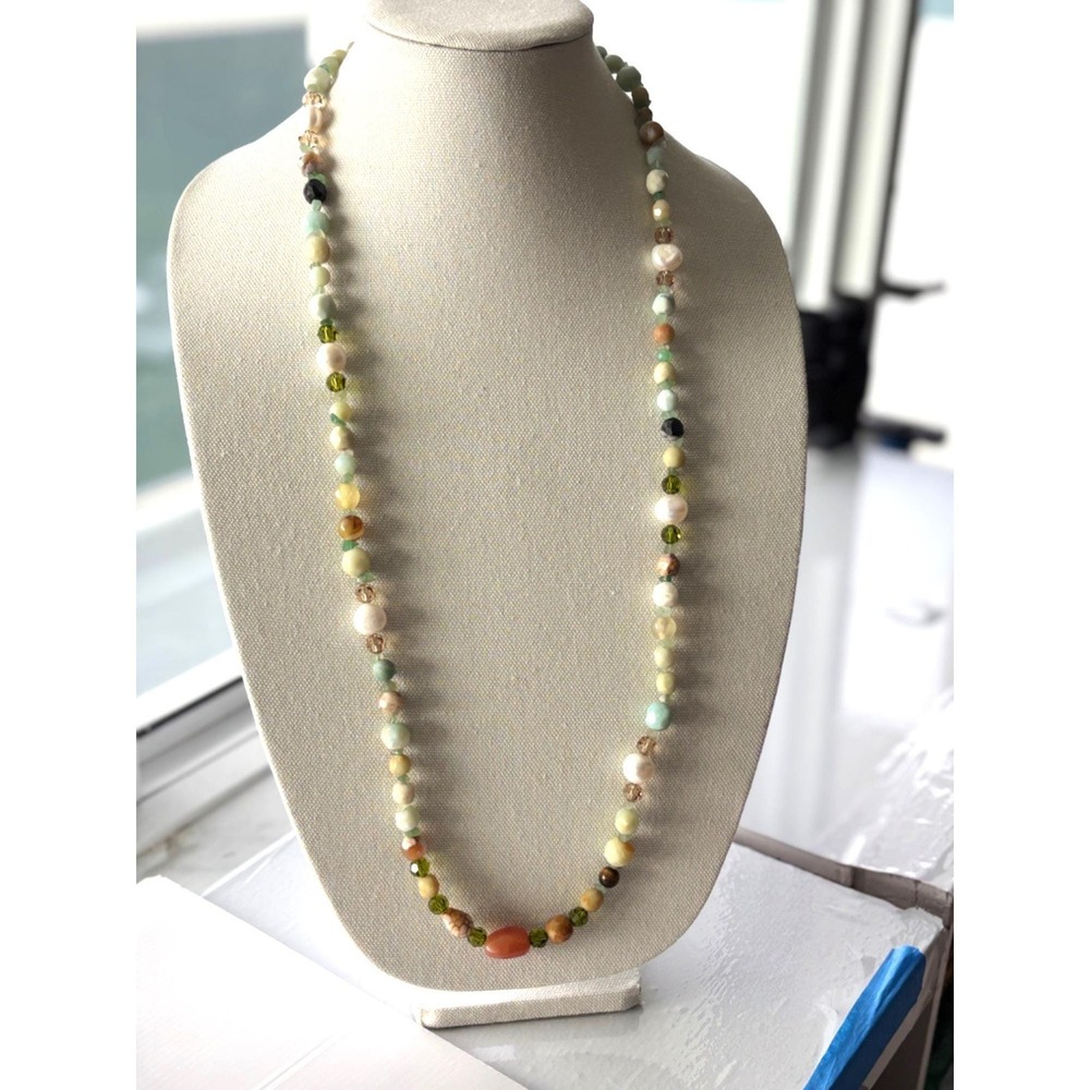 Handmade Amazonite Agate Beaded Necklace Silver Clasp Boho Gemstone Gift for Her